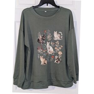 Olive Green Botanical Cat Graphic Long Sleeve Sweatshirt Large Cottagecore NEW